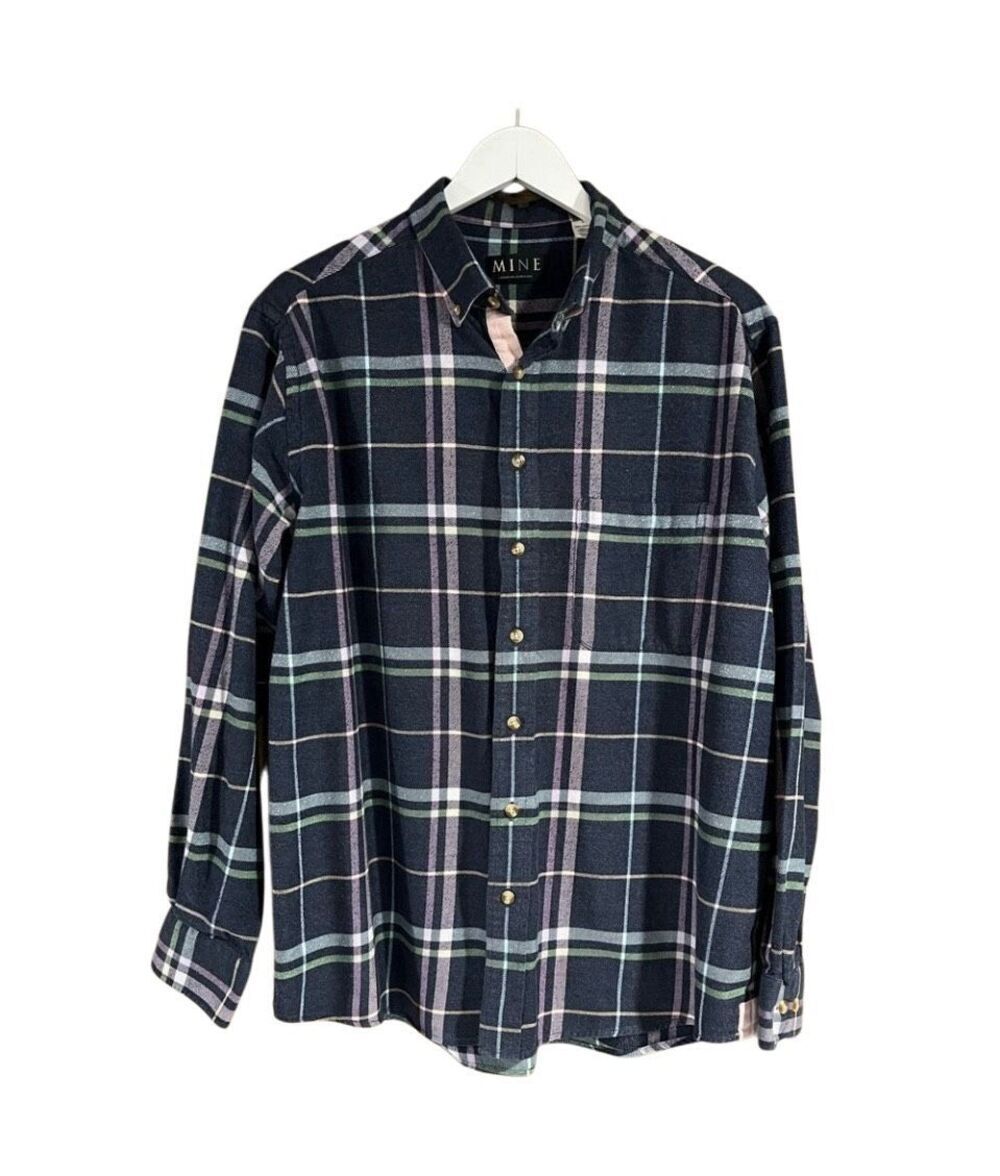 MINE navy plaid 100% cotton flannel button down shirt - L